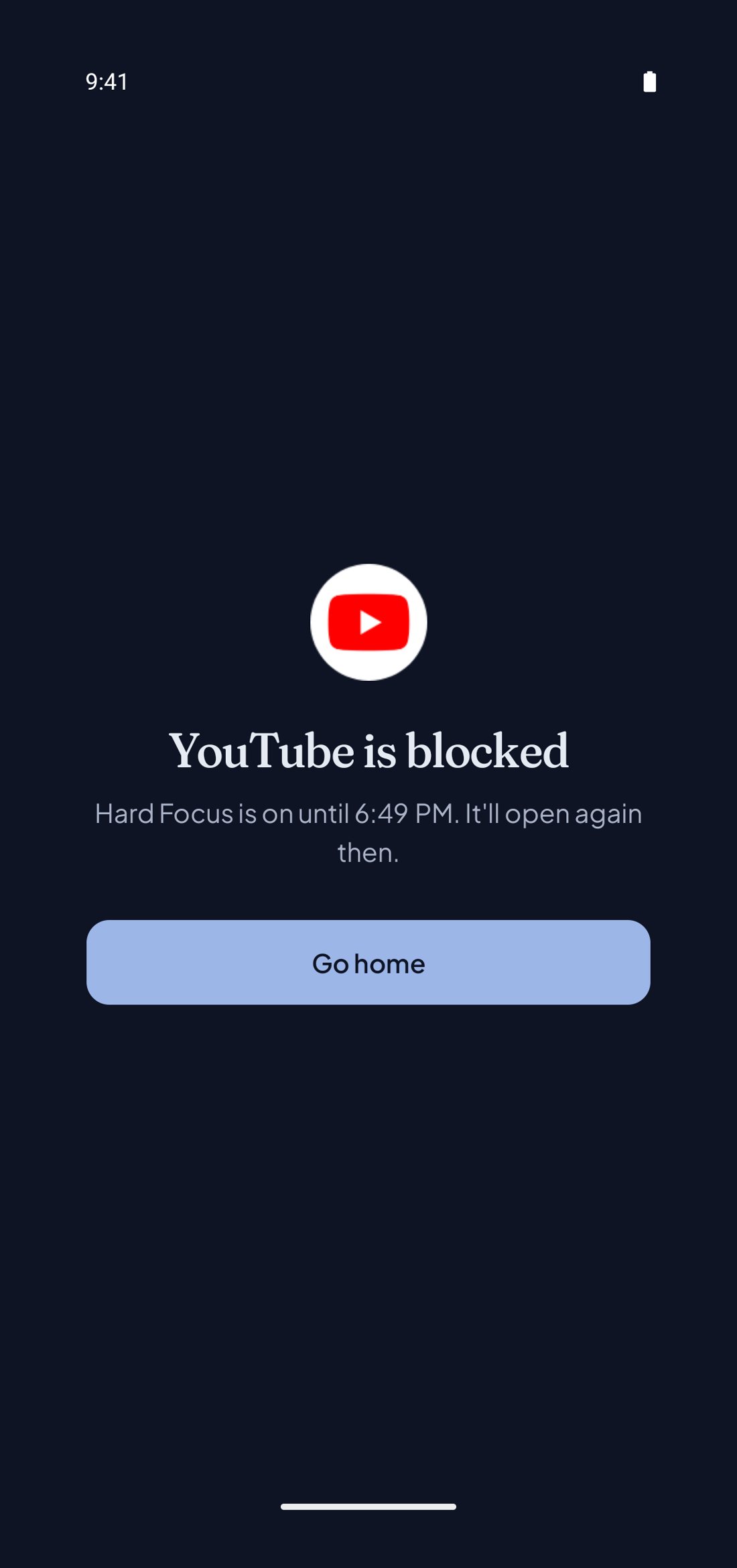 A blocked app screen: YouTube is blocked, Hard Focus is on until 6:49 PM