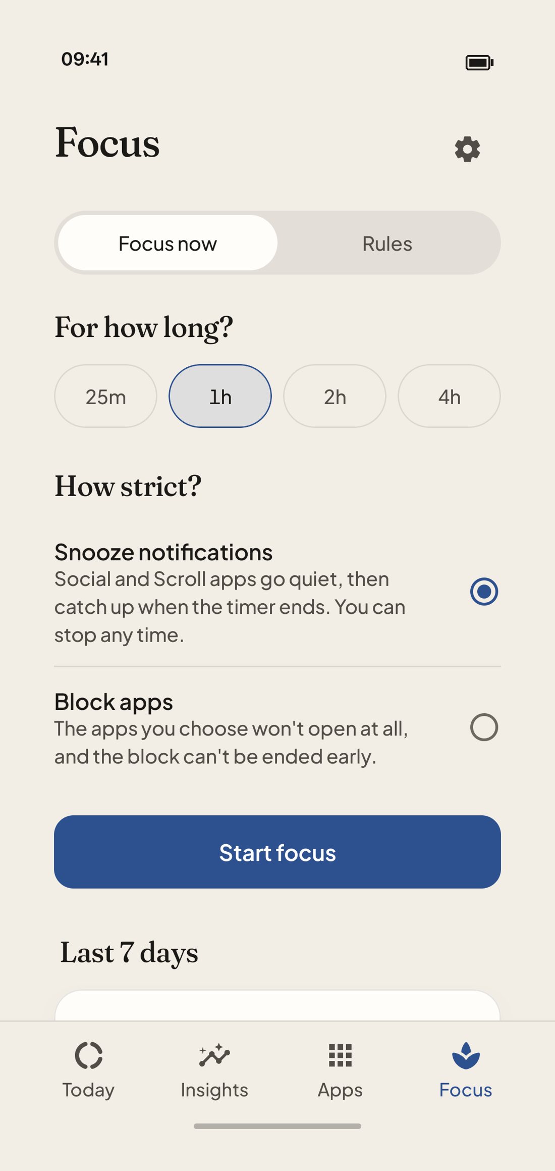 Focus screen: pick how long and how strict, then start