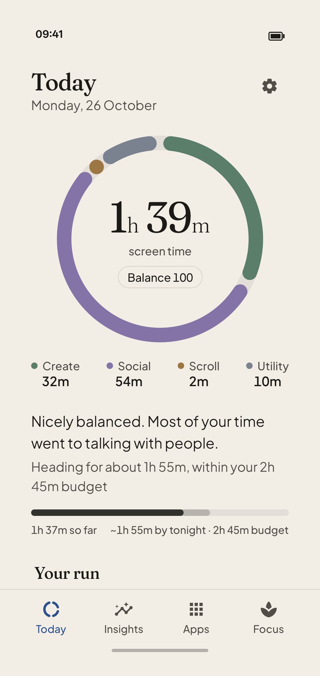 Keel's Today screen: 1 hour 39 minutes of screen time in a ring split into four kinds of time, with a Balance score of 100
